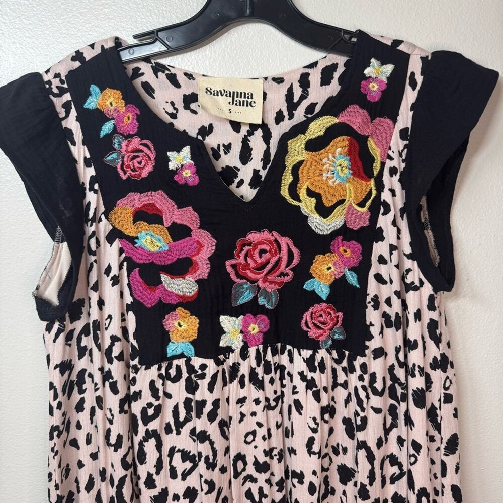 SAVANNA JANE Shift Dress Leopard Print Embroidered Floral Boho Dress Size Small - Picture 5 of 6